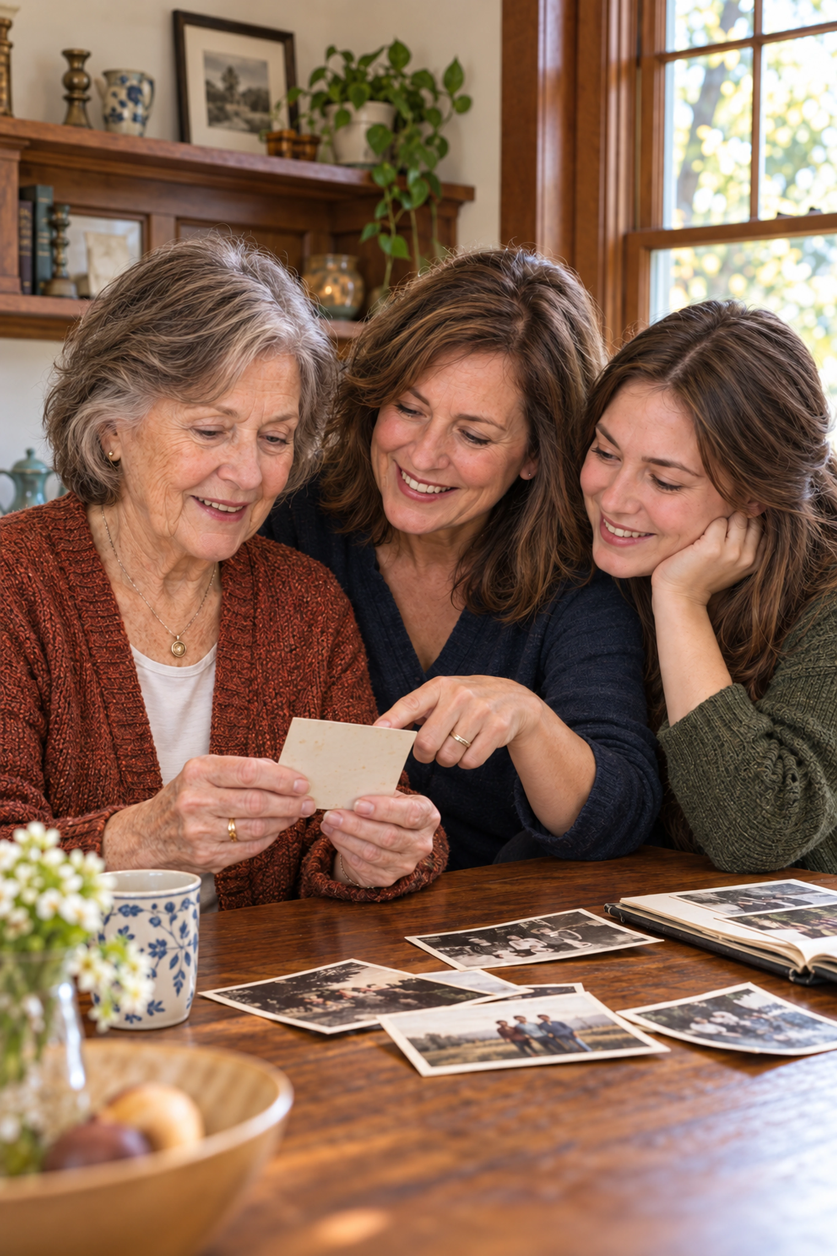 Three generations of a family looking through printed photographs at home